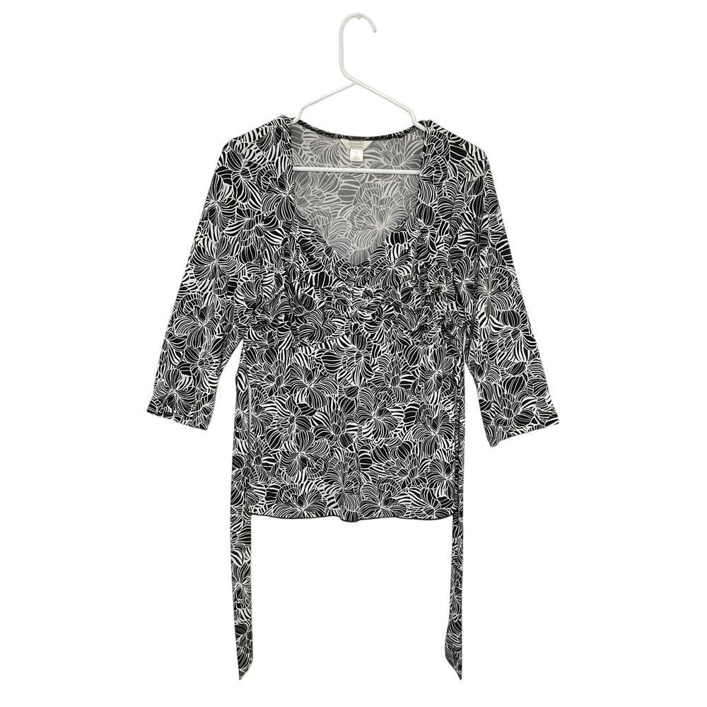 Christopher & Banks Black/White Floral Top 3/4 Sleeve Sz Medium Tie Back Stretch